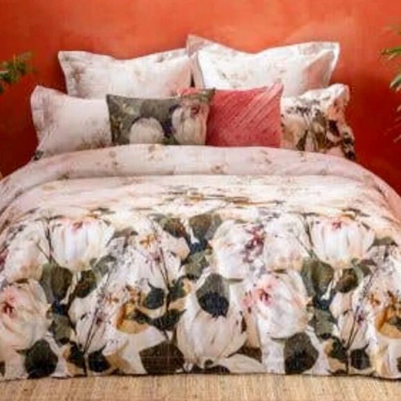 Kas King Floral Duvet Cover Set Cotton 3 Piece Embroidered Cream Green Pink - Picture 2 of 8